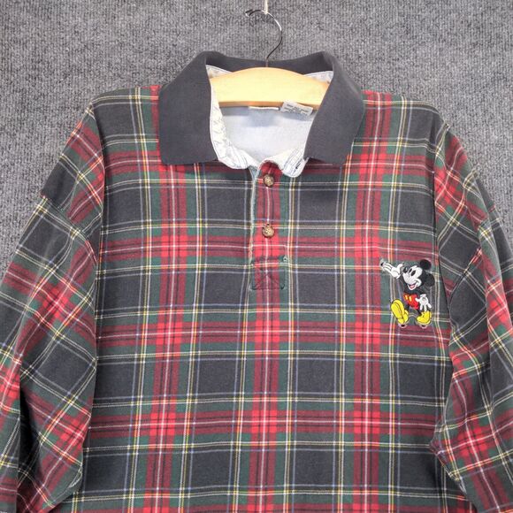 The Disney Store Mens Mickey Mouse Polo Shirt Red Plaid XXL Long Sleeve Cotton - Picture 3 of 13